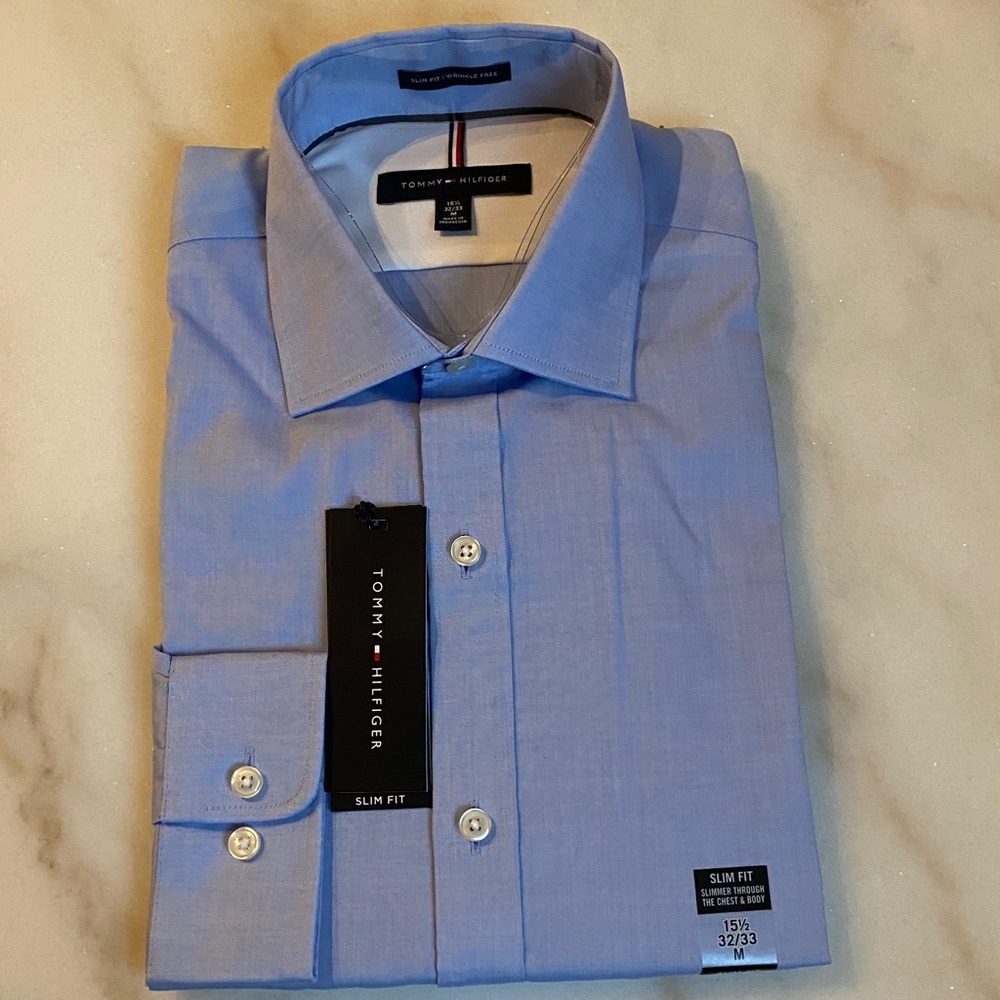 Tommy Hilfiger Men’s Slim Fit Dress Shirt Blue 15.5 32/33 Wrinkle Free NWT